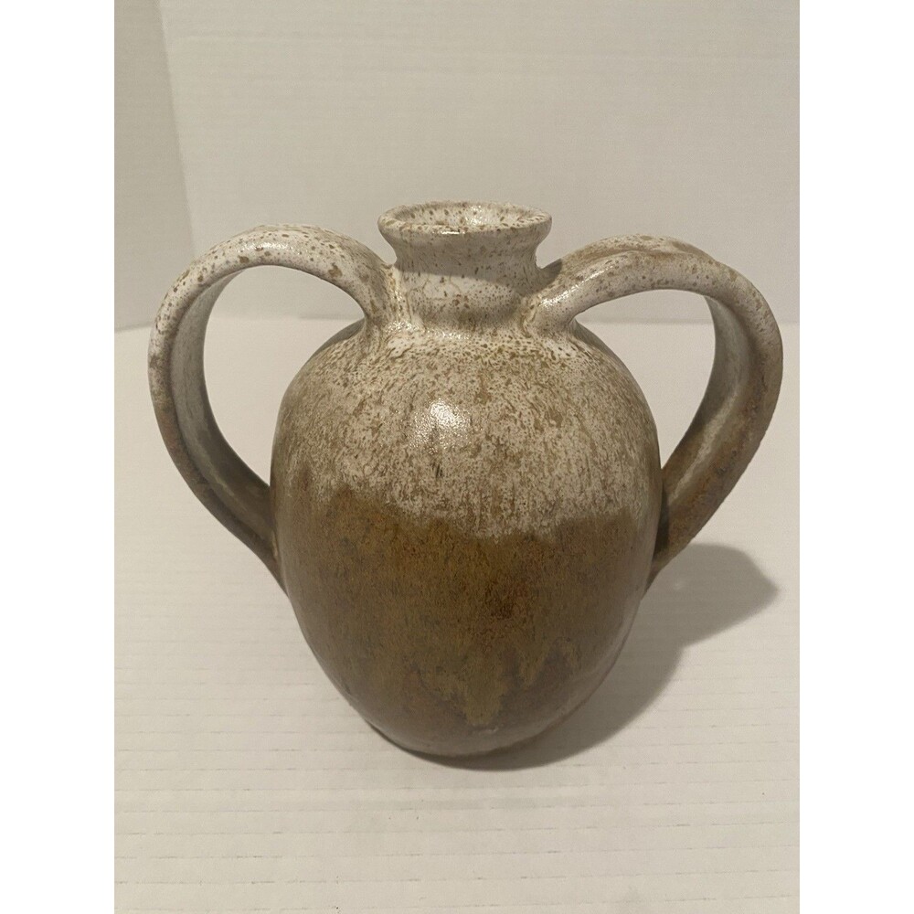 STUDIO ART POTTERY Stoneware Jug Vase Double Handle Artist Signed  H H Langley